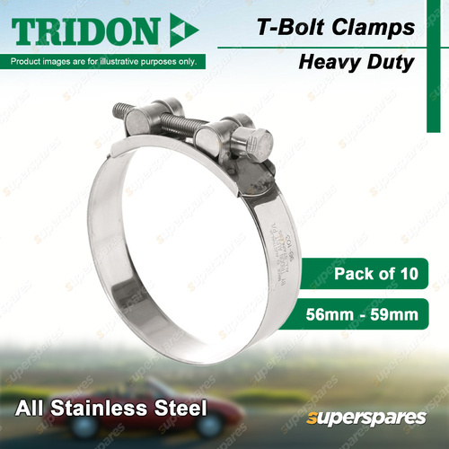 Tridon T-Bolt Hose Clamps 56-59mm Heavy Duty All 304 Stainless Steel Pack of 10